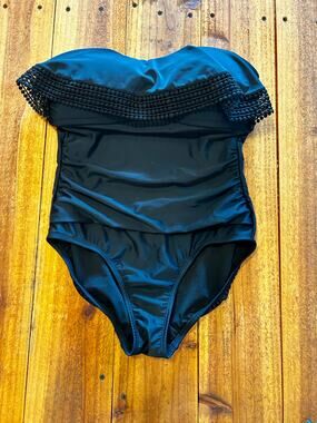 Kona Sol Black Strapless Bandeau One Piece Swimsuit with Crochet Trim, Sz Medium